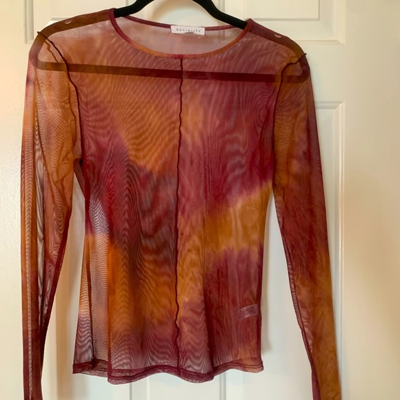 Orange Purple Socialite Long Sleeve Mesh Dyed Top, Size Small - Picture 1 of 4